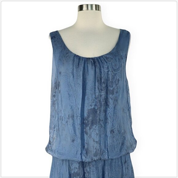 Made In Italy Blue Fleur Silk Blend Blouson Elastic Waist Dress Flowy Mini S M ? - Picture 3 of 5